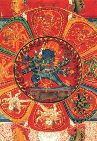 《黑閻羅壇城圖》元代布畫唐卡局部，為勉唐派早期作品代表